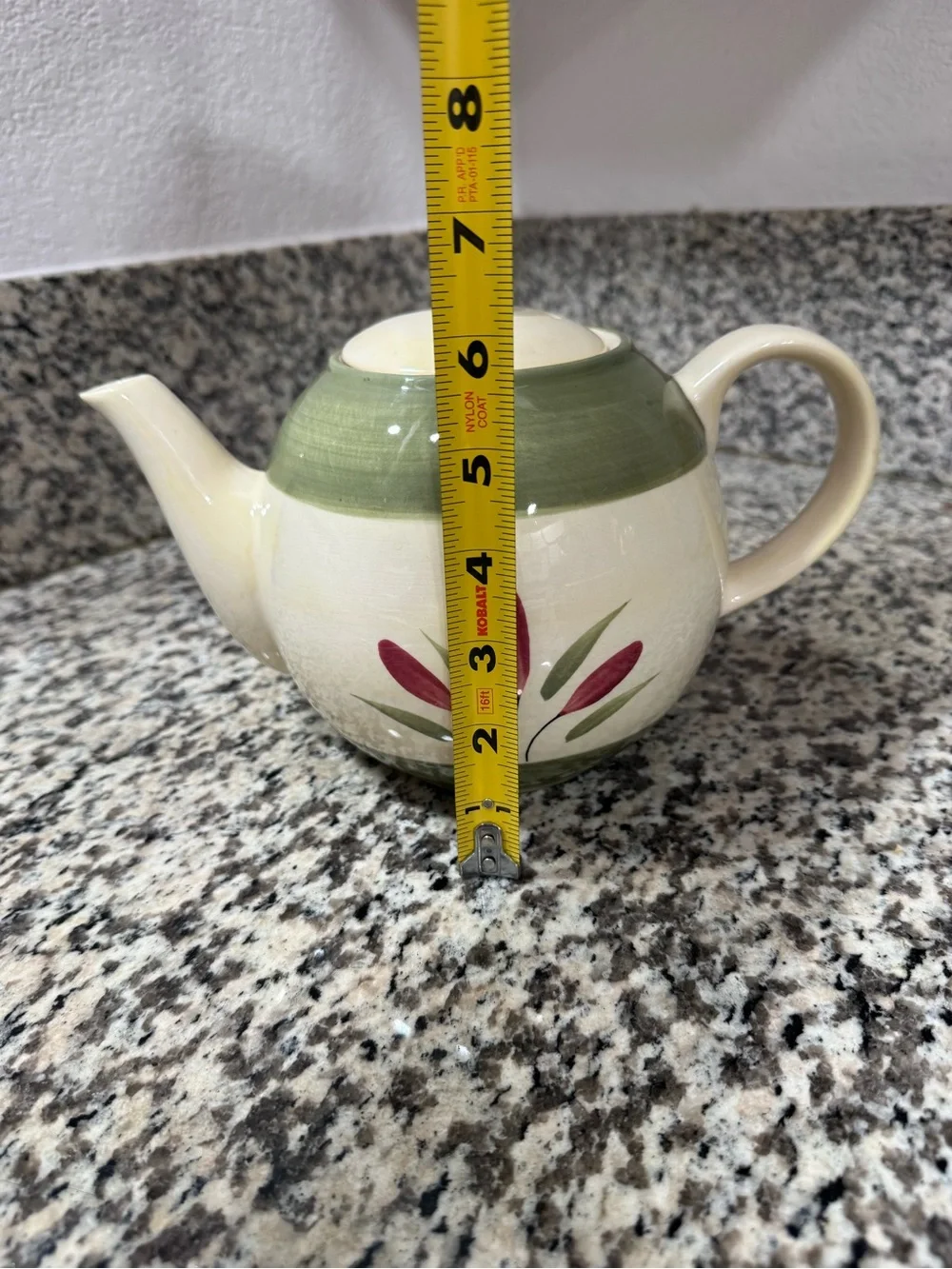 Pier 1 Verona Cream and Green Ceramic Teapot with Red Floral Motif
